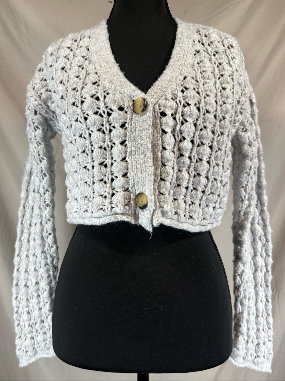 ZARA Girls Cropped Pointelle Bobble Knit Cardigan Silver Gray - Size 11–12Y